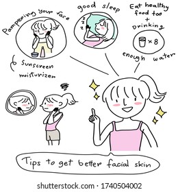 Various actions of cute girl with her beauty treatment. Young woman pointing to tips for better facial skin such as pampering her face with cream, drinking water enough, healthy eating and good sleep.