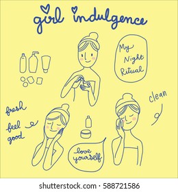 various actions of cute girl with her beauty treatment such as using  cotton pad to clean her face, applying skin care and indulging herself with facial care. Vector illustration with doodle style.