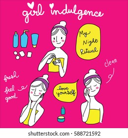various actions of cute girl with her beauty treatment such as using  cotton pad to clean her face, applying skin care and indulging herself with facial care. Vector illustration with doodle style.