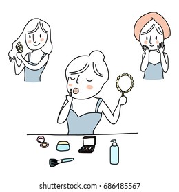 Various actions of cute girl with her beauty treatment such as brushing her hair, applying skin care and indulging herself with makeup products. Vector illustration with hand-drawn style.