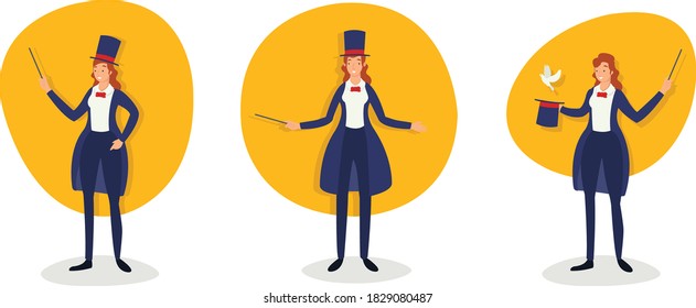 Various actions of a female magician in a magic show