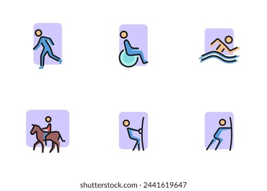 Verschiedene Aktionen Zeile Symbol gesetzt. Person schwimmen, rennen, schieben, ziehen Tür, reiten Pferd. Alltagsaktivitäten und Lifestyle-Konzept. Kann für Schilder, Poster, Broschüre verwendet werden