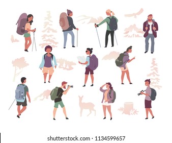 Various active people with backpacks hiking, exploring wild nature, trekking. Male & female characters isolated flat illustration