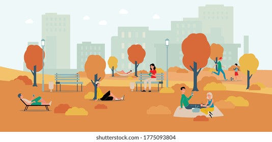 Various activities of cartoon characters of people in the city park. Vector banner with autumn park landscape and city buildings in the background.