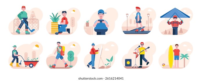 Various activities of men with their hobbies enjoying youth. Character design. Vector flat illustration
