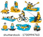 Various activities people having recreation, walk the dog, hiking, canoeing, cycling, go fishing, meditation or exercise at home, scuba diving, playing quitar. Outline, thin line art, linear style. 