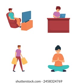 Various activity icons set cartoon vector. People in different situation. Occupation, pastime