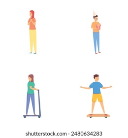 Diversos iconos de la actividad establecen el Vector de dibujos animados. Personas en diferentes situaciones. Ocupación, pasatiempo