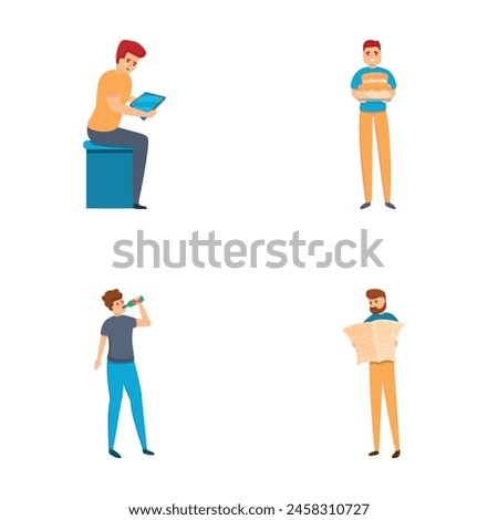 Various activity icons set cartoon vector. Man busy with different things. Activity, occupation, pastime