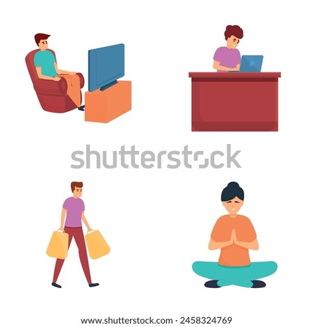 Various activity icons set cartoon vector. People in different situation. Occupation, pastime