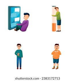 Various addiction icons set cartoon vector. Alcohol, tobacco, fast food and gadget. People with dependence