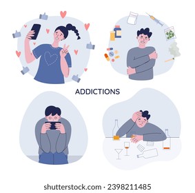 Various addictions illustrations set. Mental disorders: social media, drugs, game, alcohol addiction.  Flat style vector illustrations 