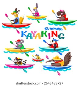 Various Adorable Animals Kayaking. Summer Activity and Contemporary Sport Theme. Manually Created Children’s Illustration, No AI