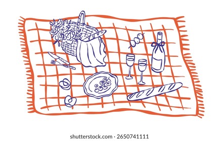 Various aestehtic picnic elements on blanket. Hand drawn vector illustration.