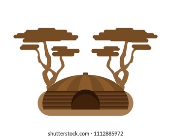 Various African national structures and trees growing in the savannah