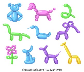 Various air balloon animals flat icon set. Cartoon cute dog, flower or toy with helium for children isolated vector illustration collection. Party and entertainment concept