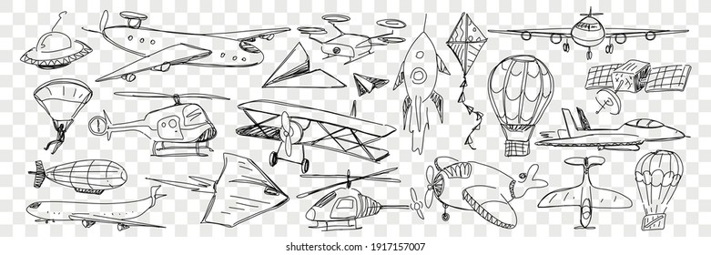 Various air vehicles during flight doodle set