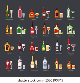 Various alcohol bottles with glasses flat icons set. Bar beverages, booze. Whiskey, rum, vodka, cognac drinks, cocktails and shots. Liquors bottles with labels cartoon illustrations isolated on white