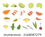 Various alcohol cocktail garnishes. Lime slices, orange wedge and twist, olives skewer, cutted pineapple, mint twig, herb leaf, maschietto cherry and rosemary. Vector illustration isolated on white.