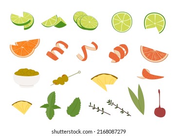 Various alcohol cocktail garnishes. Lime slices, orange wedge and twist, olives skewer, cutted pineapple, mint twig, herb leaf, maschietto cherry and rosemary. Vector illustration isolated on white. svg