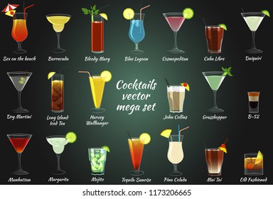 Various alcohol cocktails vector mega set