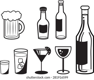 Various alcoholic drink outlines in black and white 
