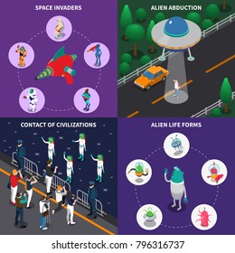 Various alien characters coming in to contact with people 2x2 colorful isometric icons set 3d isolated vector illustration