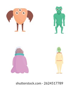Various alien icons set cartoon vector. Funny space alien or monster. Cartoon character