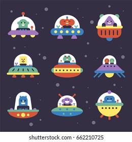 Various aliens and UFO in space vector illustration flat design