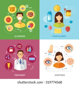 Various allergy types symptoms and treatment flat style concept vector illustration