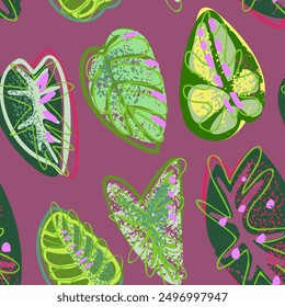 Various alocasia leaves. Vector seamless pattern. Wildlife concept. A hand-drawn illustration, not an AI