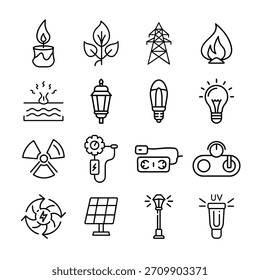 Various alternative energy icon. It shows light, plant, power grid, flame, geothermal, and lamp
