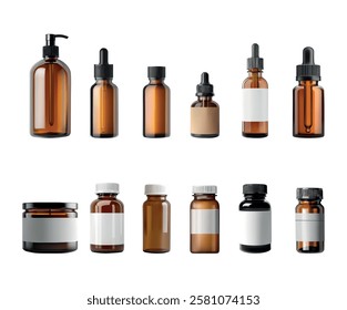 Various amber glass bottles of different sizes are arranged neatly on a light backdrop. These bottles are intended for storing oils, tinctures, and herbal extracts.