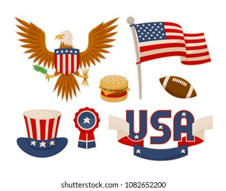 Various America symbols vector set illustrations, eagle and burger american football ball flag, uncle`s Sam hat near round bundle, USA label