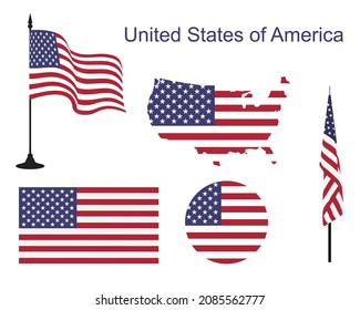 Various American Flags Set Isolated On White Background. Waving American Flag On Pole, Table Flag And Different Shapes Labels. Patriotic USA Symbols. Vector 