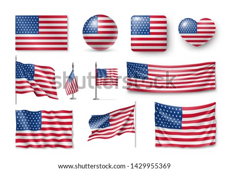 Various American flags set isolated on white background. Realistic waving american flag on pole, table flag and different shapes labels. Patriotic USA 3d rendering symbols vector illustration.