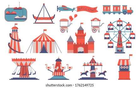 Various amusements and carousels flat icon set. Cartoon city funfair and playground for children isolated vector illustration collection. Fair and entertainment concept