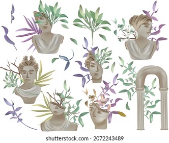 Various ancient greek statues, column, heads of woman, branch tree. Antique composition, greek statues. Art history in modern style. Vector illustration isolated on white background.