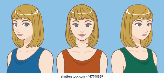 various angle bust and face of a blonde young girl, cartoon illustration set