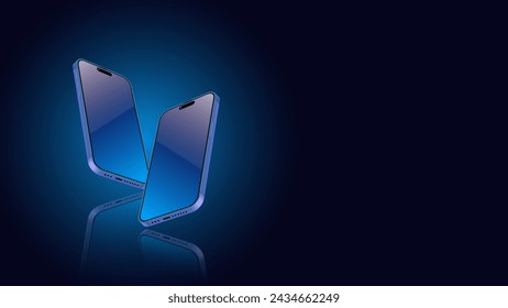 Various angle smartphone light banner. Mobile phone screen template with shadow on a dark blue background. Vector abstract background for wallpapers, banners, invitations, and luxury vouchers.