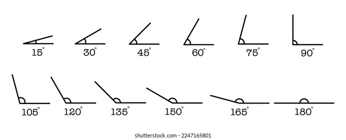 Various angle vector icon set on white background. 15, 30, 45, 60, 75, 90, 105, 120, 135, 150, 165 and 180 degree illustration.