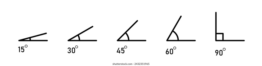 Various angles 15, 30, 45, 60, 75, 90 degree icon set. Geometric symbol. Mathematical elements.