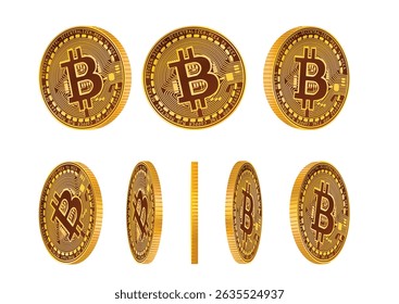 Various angles of Bitcoin coins showcasing digital currency design and intricacies in a 3D style for financial representation.
