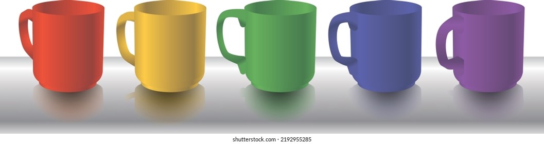  Various angles of colorful mugs