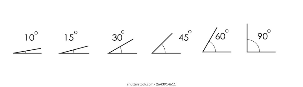 Conjunto de ícones de vários ângulos. Ícones de grau de 0 a 360. Aprendizagem escolar geométrica e exercícios de trigonometria