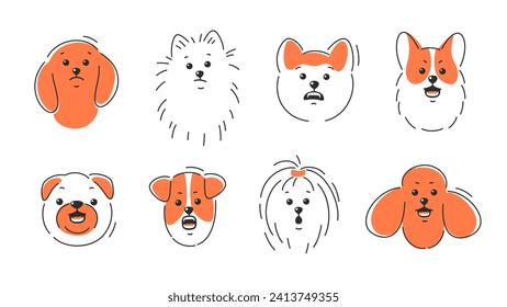 Verschiedenes Gesicht der Tiere, verschiedene Emotionen und Rassen. Wut und trauriger Hund Gesicht. Corgi, Akita, spitz, Dachshund, Poodle, Terrier, Pug. Vektorgrafik