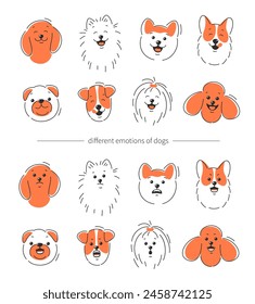 Various animal face, different emotions and breeds. Happy, Angry and sad dog face. Corgi, Akita, spitz , Dachshund, Poodle, Terrier, Pug. Vector illustration