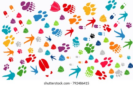 Various Animal Footprint Wallpaper texture, Deer foot, Swan,  Tiger, Chicken print, Dog foot print vector