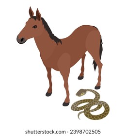 Various animal icon isometric vector. Standing bay horse near common anaconda. Biological diversity concept