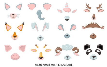Various animal phone masks flat icon set. Cartoon cat, fox, pig, elephant, bunny, mouse ears, nose and eyes isolated vector illustration collection. Avatar design and smartphone application concept